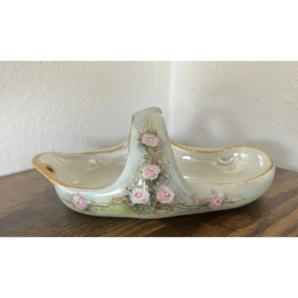 Antique French Limoges Handled Porcelain‎ Basket Hand Painted Floral & Gold